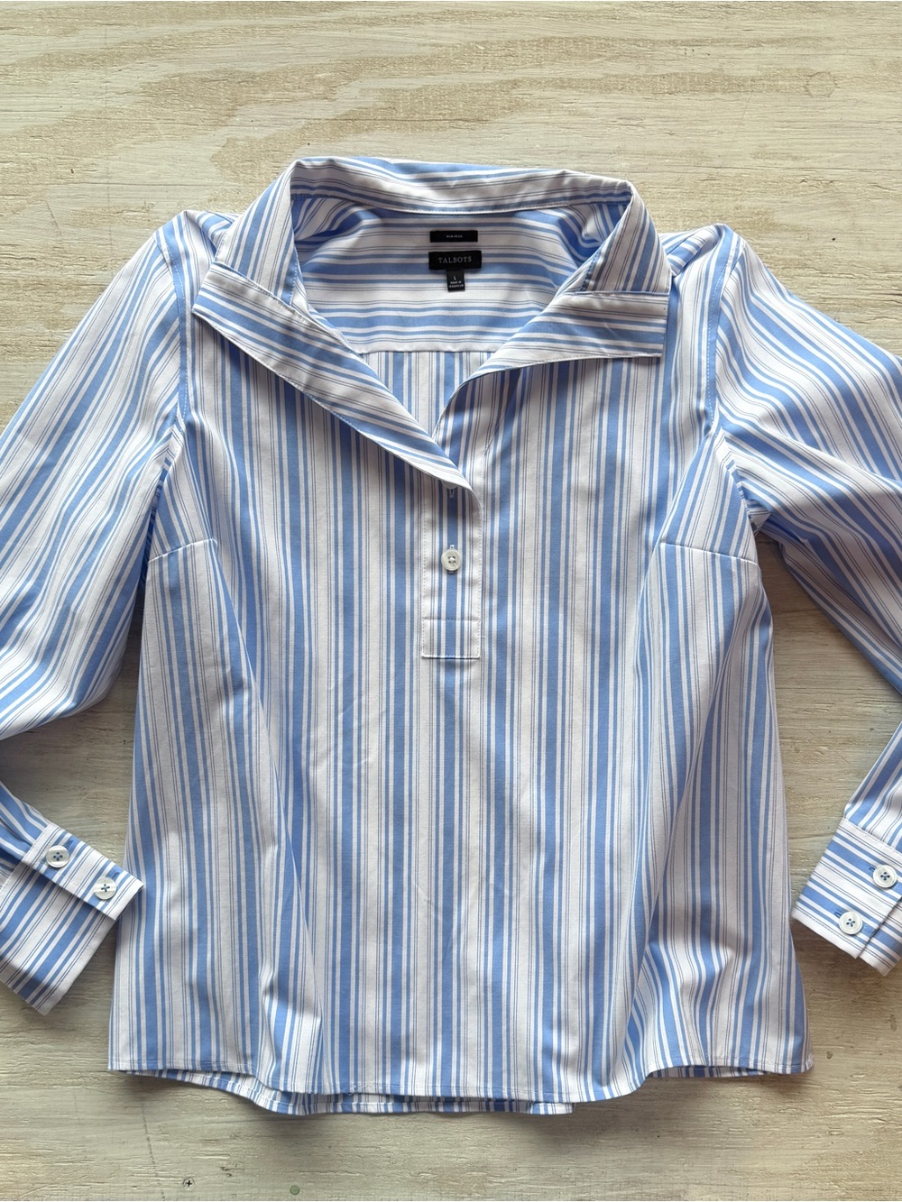 Talbots Blue White Striped Partial Button-Front Women's Shirt Non-Iron Cotton